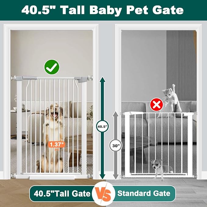 Fairy Baby 40.5" Extra Tall Pet Gate for Doorway, 60.3"-65.7" Extra Wide Dog Gate for Stairs, Metal Auto Close Safety Child Toddler Gate, Pressure Mounted Easy Walk Through Baby Gate with Door, White
