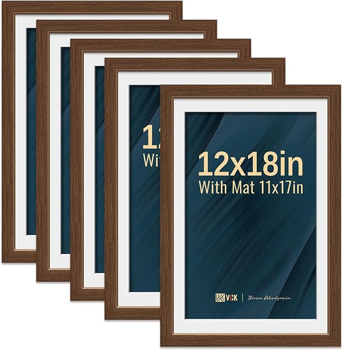 VCK 12x18 Picture Frame 5 Pack - Brown, High-End Wood Poster Frames with Tempered Glass, Display 11x17 Photo with Mat or 12x18 without Mat, Art Gallery-Quality, Wall Hanging, Brown