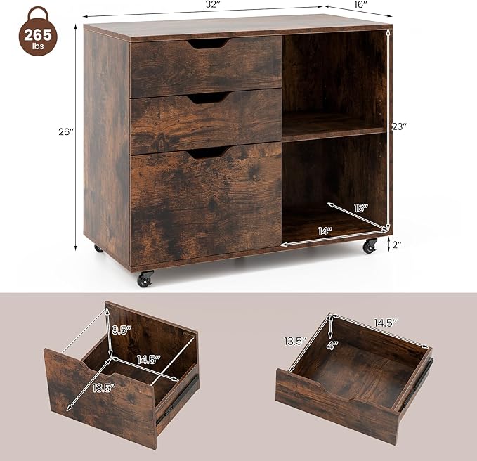 LOKO 3-Drawer File Cabinet, Mobile Printer Stand Cabinet with Adjustable Shelf, Rolling Lateral Filing Cabinet with Wheels for Letter, A4, Legal Size, for Home Office Organization (Rustic Brown)