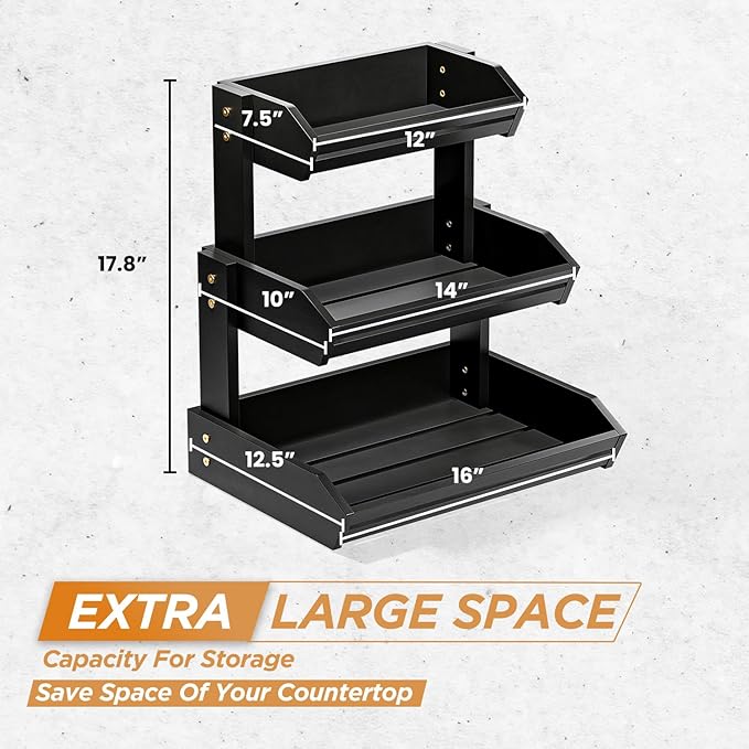 HOLANA Acacia 3 Tier Fruit Basket for Counter – Wooden Fruit Bowl for Kitchen Counter Organizer, Produce Storage Wooden Basket, Snack Organizer for Countertop & Kitchen Counter Storage (Black)
