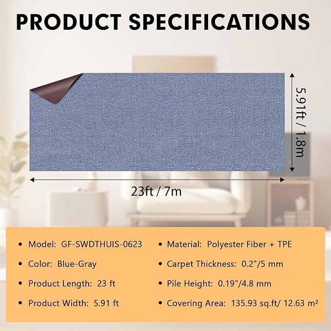 Marine Carpet,6 FT x 23 FT Blue-Gray Indoor Outdoor Carpet 0.2" Thick Boat Carpet with Water-Proof TPE Backing, Non-Slide Outdoor Marine Carpet Roll for Home, Patio, Porch, Deck