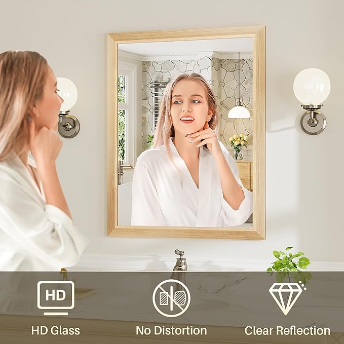 22x30 Inch Bathroom Mirror for Wall, Anti-Rust Oak Wood Grain Metal Framed Bathroom Mirrors for Over Sink,Rectangler Mirrors for Bathroom Vanity, Farmhouse, Bedroom, Living Room, Entryway Decor