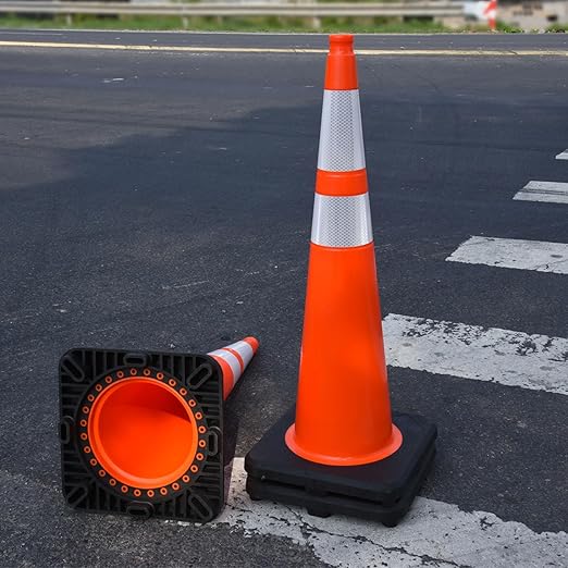 Fluorescent Orange/Green PVC Traffic Cones, Heavy Black Base Parking Lot Cone Structurally Stable Weatherproof Road Construction Safety Cones (8, Orange, 36" Extra Large)