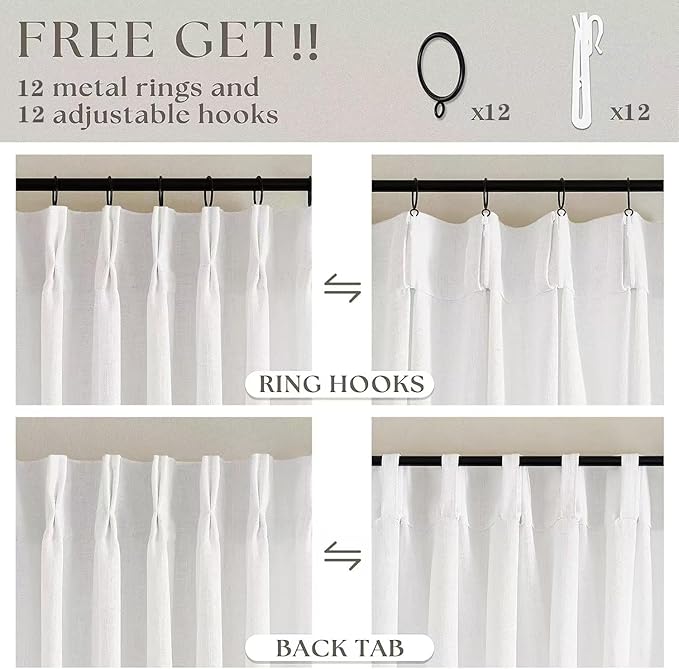 Beige White 70 Inch Wide Curtains 90 Inches Long for Living Room Light Filtering Semi Sheer Modern Farmhouse Pleated Curtain with Hooks Rings for Patio Sliding Door Dining Room Large Window 1 Panel