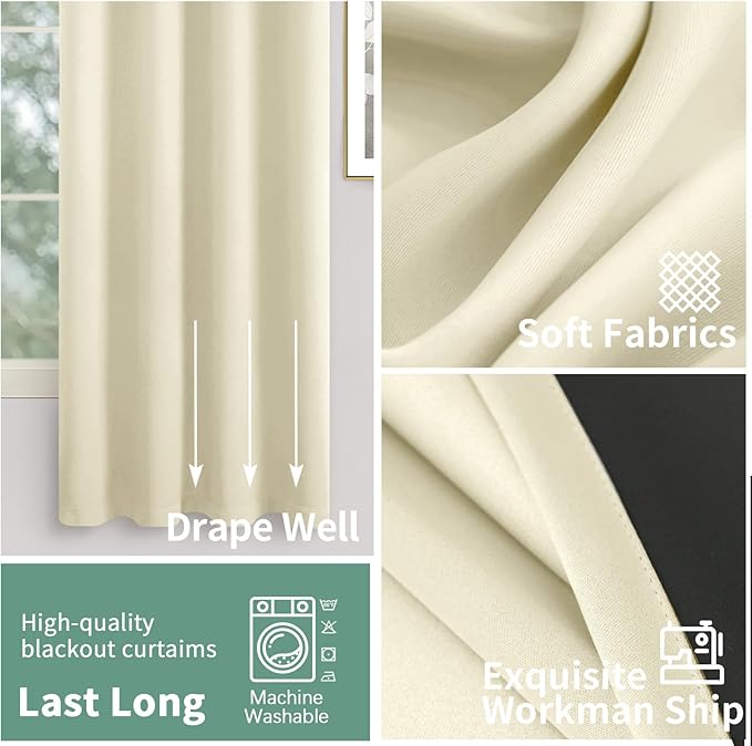 Blackout Curtains for Bedroom 72 Inch Length 2 Panels Set, Thermal Insulated 100% Light Blocking Soundproof Grommet Window Curtains for Living Room with Black Liner, Each 52 Inch Wide, Cream