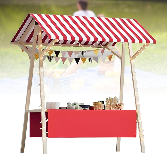 Collapsible Mobile Market Stall Carts Vendor on Wheels, Wood Outdoor Vendor Cart, Easy to Assemble for Parties, Birthdays, Weddings, Bar(Red1,150cm/59in)