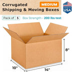 Medium Moving & Shipping Boxes 14 x 10 x 8 inches (5-Pack) - Extra Strength 200 lb vs Regular - Corrugated Packaging Box, Made in USA - Box for Shipping - Cardboard Box by IDL Packaging