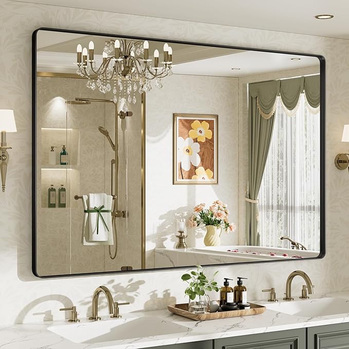 60X40 Black Bathroom Mirror for Over Sink, Metal Framed Vanity Mirror Wall Mounted, Rectangle Mirror for Bedroom Living Room Restroom Entryway, Anti-Rust, HD Tempered Glass
