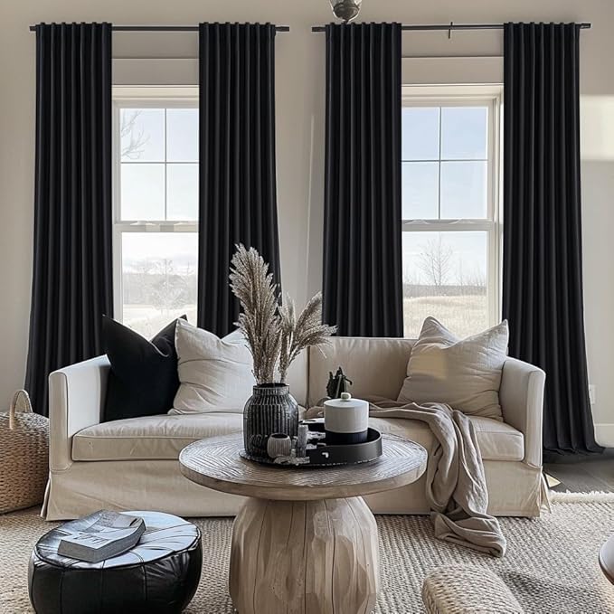 Black 100% Blackout Curtains 84 Inches Long to Keep Heat Out, Black Linen Boho Drapes for Bedroom/Living Room Darkening Back Tab/Rod Pocket/Hook Thermal Insulated (2Panels Set Burg W50 xL84)