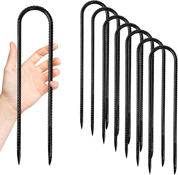 Anothera 8 Pack Trampoline Stakes Anchors High Wind, 12 Inches Tent Stakes Heavy Duty, Galvanized Steel Ground Stakes Kit, U Shaped Rebar Stakes for Trampoline, Tents, Fence