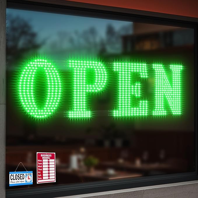 40"x14" Large LED Open Signs for Business Super Bright Unique Design Green Open Sign with Hanging Installation for Window Stores Bar Hotel Retail Shops Salon Restaurant Office