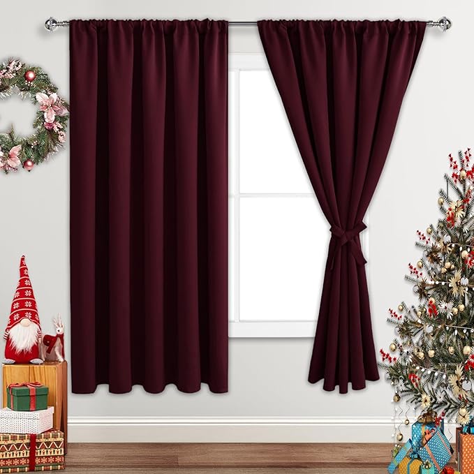 JIUZHEN Christmas Blackout Curtains for Bedroom - Thermal Insulated Room Darkening Noise Reducing, 60 x 63 Inch Length Curtains for Living Room, Set of 2 Panels with Tiebacks, Burgundy