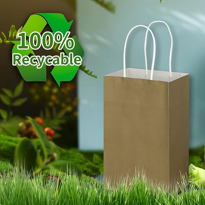 Toovip 100 Pack 5.25x3.25x8.25 Inch Small Gold Kraft Paper Bags with Handles Bulk, Gift Wrap Bags for Favor Grocery Retail Party Birthday Shopping Business Goody Craft Merchandise Take Out Cub Sacks