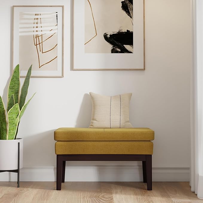 SIMPLIHOME Carlson Small Ottoman Bench - 27 inch Wide Upholstered Woven Fabric Rectangle Ottoman in Marigold, Mid Century Modern Bench for Bedroom, Entryway or Living Room with Padded Seat