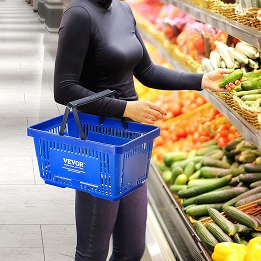 VEVOR 12 PCS Shopping Basket, 16.73 x 11.61 x 8.86 inch Durable Plastic Grocery Basket with Stand & Handle, 24L Portable Shop Basket Bulk, Idea for Retail Store Supermarket Grocery Shopping, Blue
