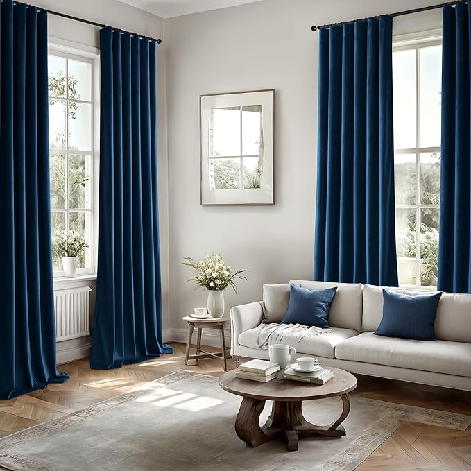 MIULEE Velvet Curtains 90 Inches Long 2 Panels Set for Bedroom, Pinch Pleat Back Tab Luxury Thermal Insulated Living Room Darkening Drapes Pleated Blackout Window Curtains with Hooks, Navy Blue