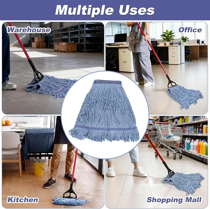 Commercial Mop Head Replacement for Rubbermaid: Wet Industrial Heavy Duty Large Blue Cotton Looped End String Mops Heads Refill 16oz Universal for Floor Cleaning - 6packs Washable Mopheads Bulk
