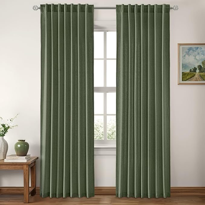 MIULEE Non-See-Through Privacy Linen Curtains 2 Panels, Olive Green Light Filtering Window Curtains Farmhouse Textured Back Tab Semi Sheer Drapes for Bedroom Living Room 72 Inches Long Dark Green