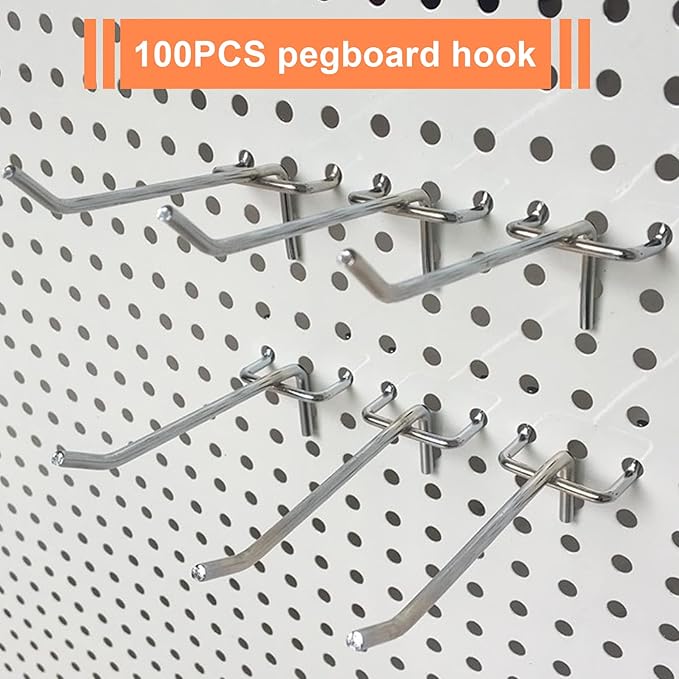 100 Pack Peg Board Hooks, 4 Inch Stainless Steel Pegboard Hooks, Shelving Display Hanging Peg Board Holders for 1/8 Pegboards for Garage, Office,Kitchen, Store