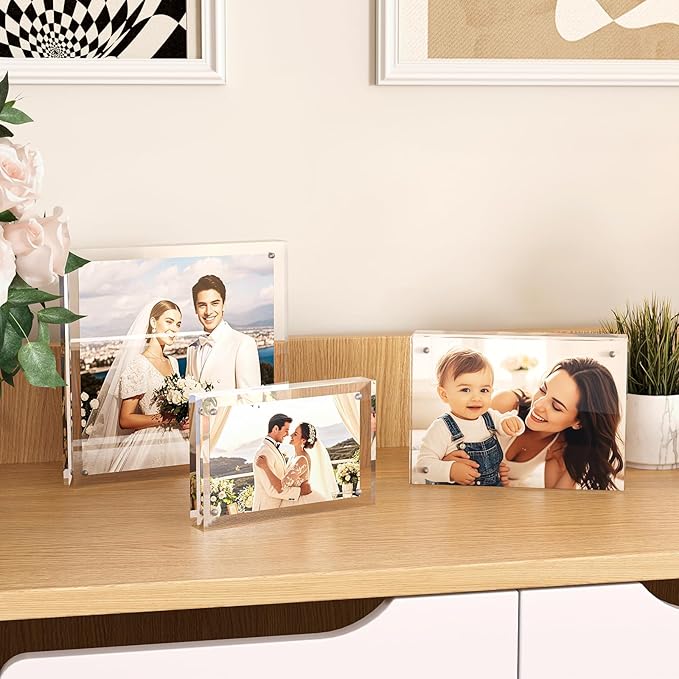 Egofine 6x8 Acrylic Frame, 20mm Thicker Frameless Clear Picture Frame, Double Sided Magnetic Picture Frame, Free Standing Desktop Display