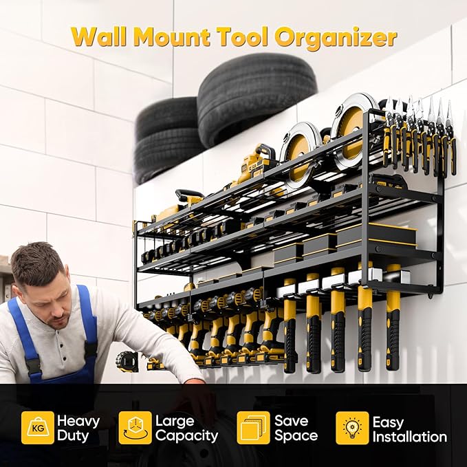 49" W Large Power Tool Organizer Wall Mount, 4 Layer Heavy Duty Loads 800 lbs, Tool Rack Holds 12 Cordless Drills, Large Capacity Battery Holder for Garage Storage, Christmas Gift for Men