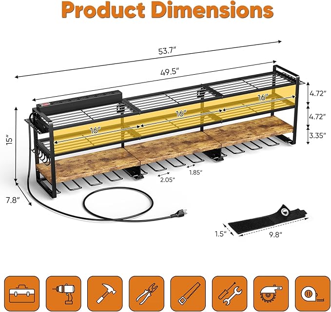 49.5" W Large Power Tool Organizer with Charging Station, 4 Layer Heavy Duty Utility Rack Loads 800lbs, Holds 8 Cordless Drills, Wall Mount Tool Shelf with 8-Outlet Power Strip, Gift for Men
