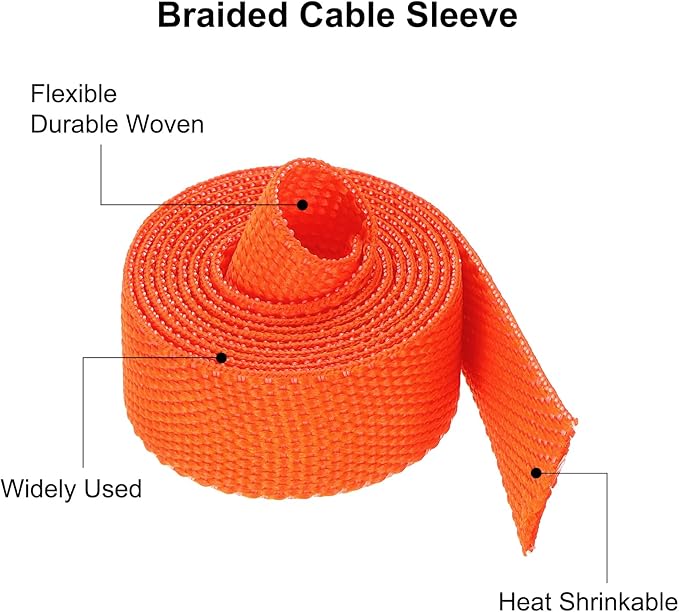 MECCANIXITY Braided Cable Sleeves Heat Shrinkable Fabric Sleeving, 3/8" 3ft Orange 2:1 Ratio Heat Shrinkable Cord Protector for Harness Cable, Network Cable Protection, Cable Management