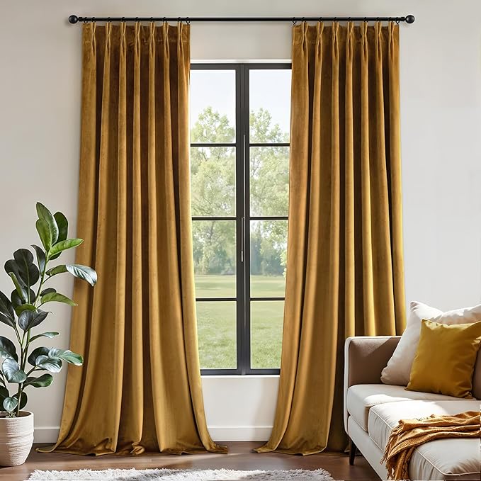 MIULEE Gold Velvet Blackout Curtains 108 inches Long, Pinch Pleated Drapes with Hooks, Thermal Insulated Pleat Design Luxury Panels for Living Room Bedroom, Set of 2