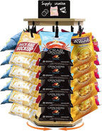 Chip Rack Display Stand 360° Rotating 5 Tiers 40 Clips Bar Snack Organizer Retail Display Rack Wooden Base Candy Holder for Concession Stand Countertop Party Store With Message Board (Octagon)