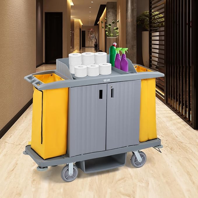 266LBS Premium Hotel & Housekeeping Cart with Door on Wheels, Multifunctional Commercial Cleaning Cart with Large Capacity Vingyl Bags, Comfor Grip Handles and Easy Move Casters, Gray
