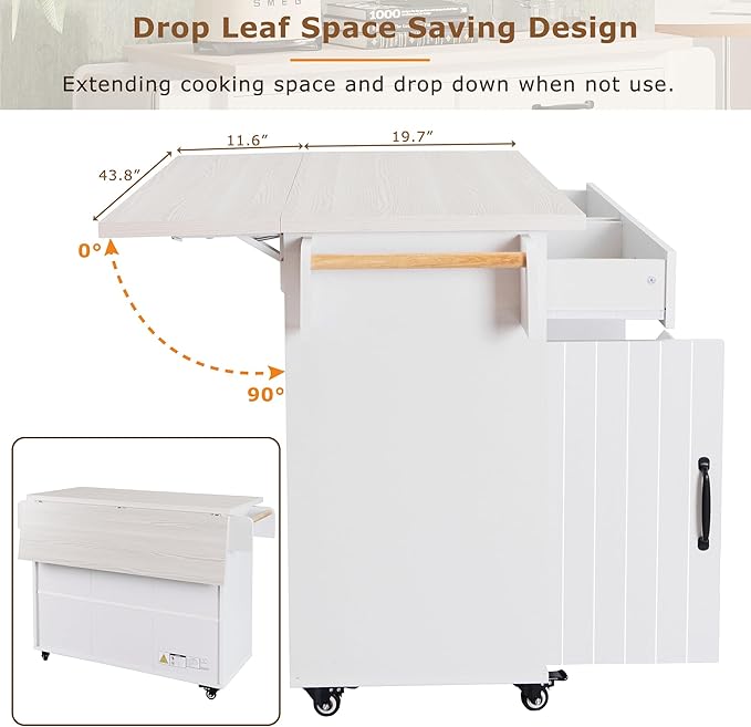 51" Moveable Kitchen Island with Trash Can Storage Cabinet, Kitchen Cart with Drop Leaf, Spice Rack, Towel Rack and Drawer, Rolling Kitchen Island on 5 Wheels with Adjustable Shelf,White