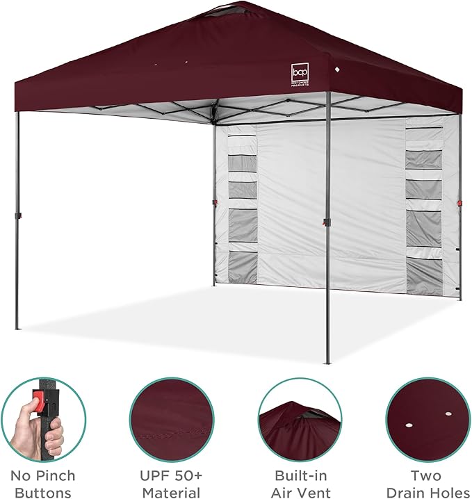Best Choice Products 10x10ft Easy Pop Up Canopy w/Side Wall, 10 Pockets, Portable Carrying Case, 1-Button Setup, 4 Weight Bags - Burgundy