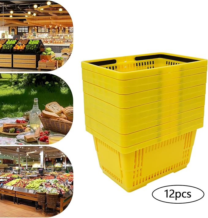 12 Pack Commercial Shopping Baskets - 28L Black/Yellow/Green Nesting Stackable Bins with Invisible Handle for Retail, Supermarket, Warehouse Durable Store Basket (Yellow)