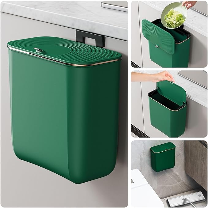 2.4 Gallon Hanging Trash Can - Small Under Sink Trash Can with Lid, Wall Mounted Garbage Bin for Kitchen & Bathroom Cupboard, Odor-Control, Extended Clamping Ring, Green