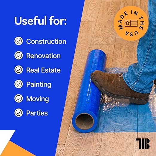 Floor Protection Film, 24" x 500', Made in USA, Blue Self Adhesive Floor Protector Tape for Moving, Painting and Construction, Temporary Covering to Shield Hardwood, Tile, Hard Surfaces (Not Carpet)