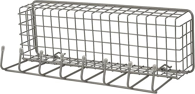 Spectrum Pegboard & Wall Mount Wire Basket With 8-Hook Station (Industrial Gray) - Storage & Organizer For Garage, Tools, Shed, Home, Work Bench, Crafts, & More