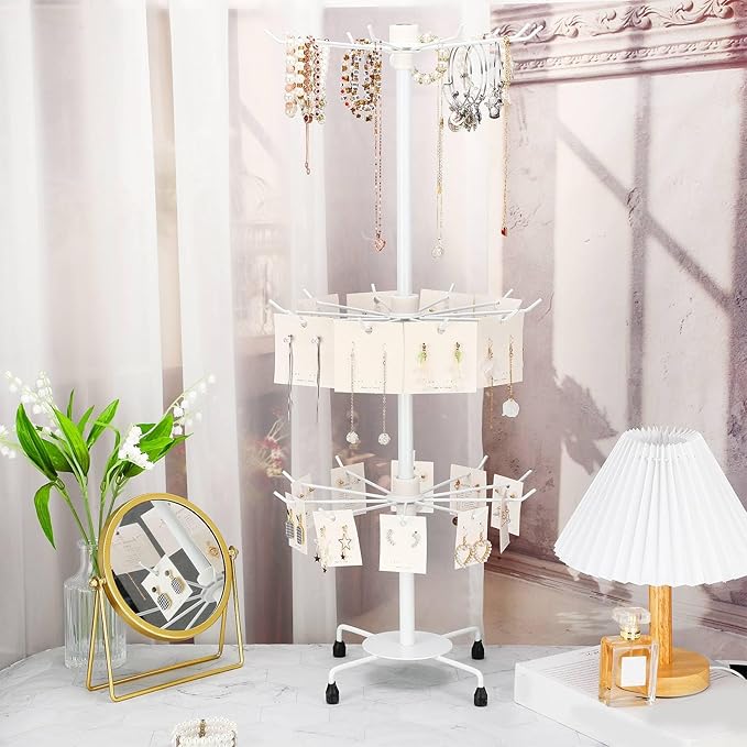 4 Pcs Spinning Jewelry Display Stand 3 Tier Rotating Keychain Earring Retail Rack Adjustable Fashion Counter Jewelry Tree Display Holder Organizer for Women Men (White)