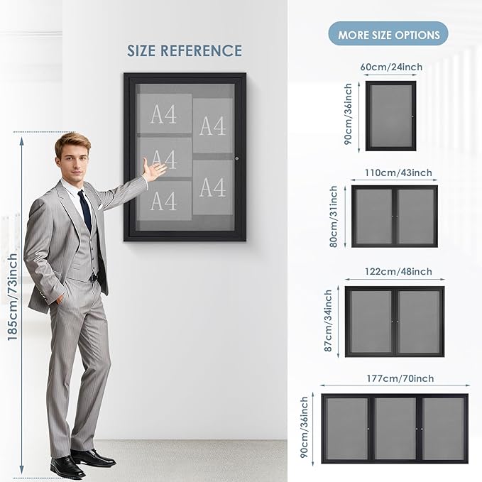Enclosed Bulletin Board Outdoor Noticeboard with Locking Door, Weather-Resistant, Grey Felt, Black Aluminum Frame, 36 x 24 in