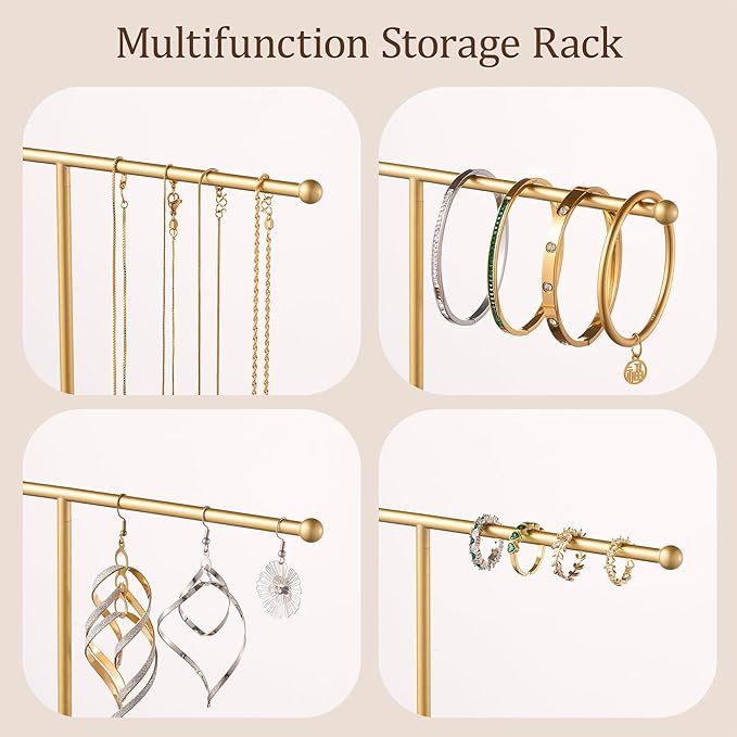 Gold Jewelry Holder Stand with Ceramic Tray: Small Hanging Necklace Organizer Tree for Earrings, Bracelets, Rings – Jewelry Display Hanger for Women & Girls, Black