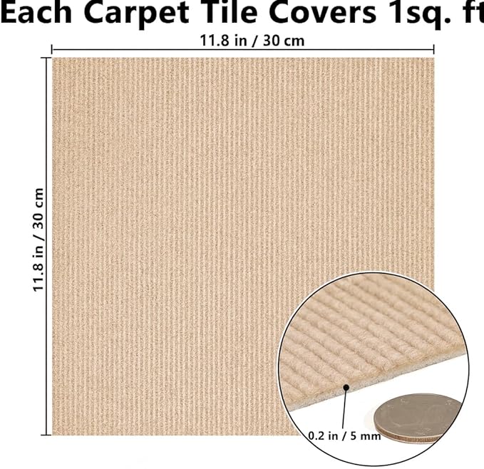 30Pcs Carpet Tiles Peel and Stick, Self Adhesive Carpet Floor Tile 12” x 12”, Khaki Soft Padded Flooring Sticker, Home Decor for Bedroom Living Room Office, 30 sq ft per Box