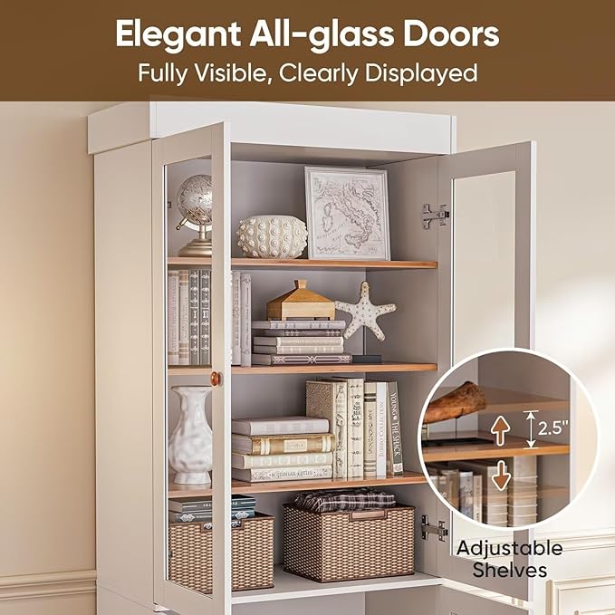 Vyre 71" Tall Farmhouse Bookshelves with Glass Doors, Set of 2 – Large Modular Bookcase with Adjustable Shelves, Storage Cabinet for Living Room, Kitchen, Home Office, White