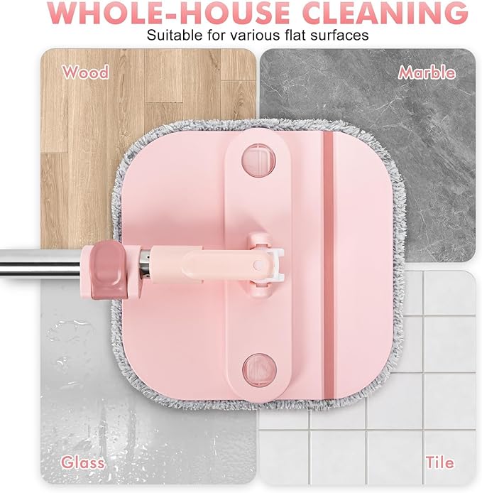 KZKR Square Spin Mop and Bucket Set with Self Separation Dirty and Clean Water System,Self Wringing 360° Rotating Mops Head for Home Floors Cleaning (2.0 mop Bucket Set with 6 Pads)