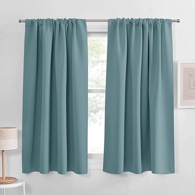PONY DANCE Greyish Blue Curtains Light Block - Thermal Insulated Rod Pocket Draperies Energy Saving/Short Window Covering for Bedroom Bay Windows, 42 Wide by 45 inch Drop, Fluorescent Blue, 2 Panels