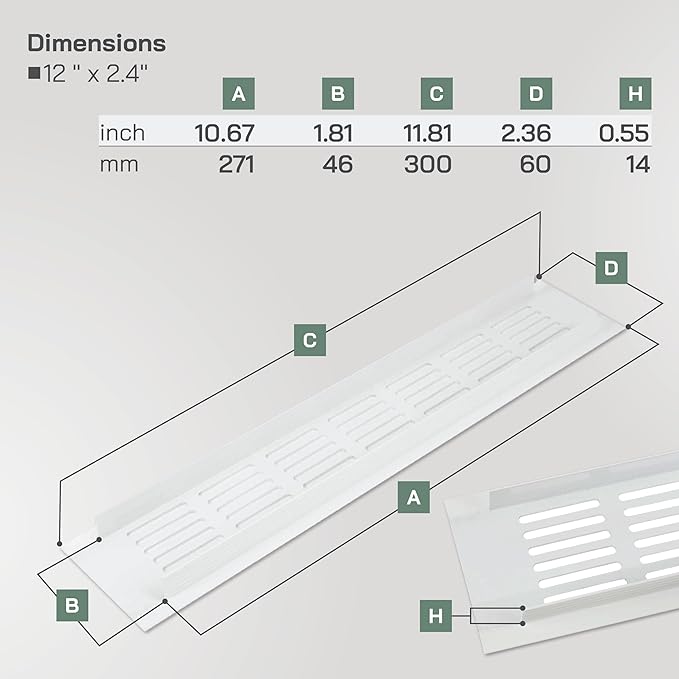 Vent Systems 11.81 x 2.36 (Outer Size) Air Supply Ventilation Grille - White Aluminum Rectangle Intake/Exhaust Door Vent Deflector - HVAC for Home Improvement Floor, Wall Duct Cover