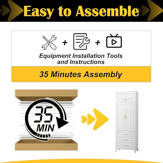 90" Kitchen Pantry Cabinet with 3 Drawer,Metal Storage Cabinets with Doors and 4 Adjustable Shelves,White Kitchen Cabinet with 2 Gold Handles,Food Cupboard for Livingroom,Pantry, Bathroom