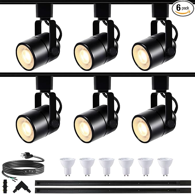 Black LED Track Lighting Heads Kit, 6-Lights Dimmable GU10 Track Lights with 6.56FT(3.28 * 2) H Type Track Light Rails, 10W 4000K Warm Light Indoor Ceiling Spotlight Fixture Replaceable GU10 Bulb