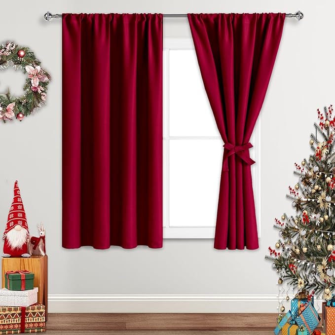 JIUZHEN Christmas Blackout Curtains for Bedroom - Thermal Insulated Room Darkening Rod Pocket Curtains for Living Room, Set of 2 Panels with Tiebacks, 38 x 54 inches Long, Red