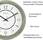 CLXEAST 14" LED Illuminated in/Outdoor Atomic Analog Wall Clock with Night Light,Coastal Beach Nautical Wall Clocks for Living Room Decor, Olive Sage Green Decor