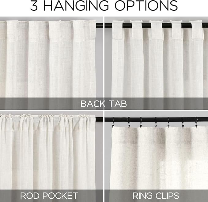 Nanspring Extra Wide Linen Curtains for Living Room Bedroom 84 Inches Long Light Filtering Sheer Curtain for Sliding Door Beige White Farmhouse Decor Drapes Back Tab and Rod Pocket 100x84, 2 Panels