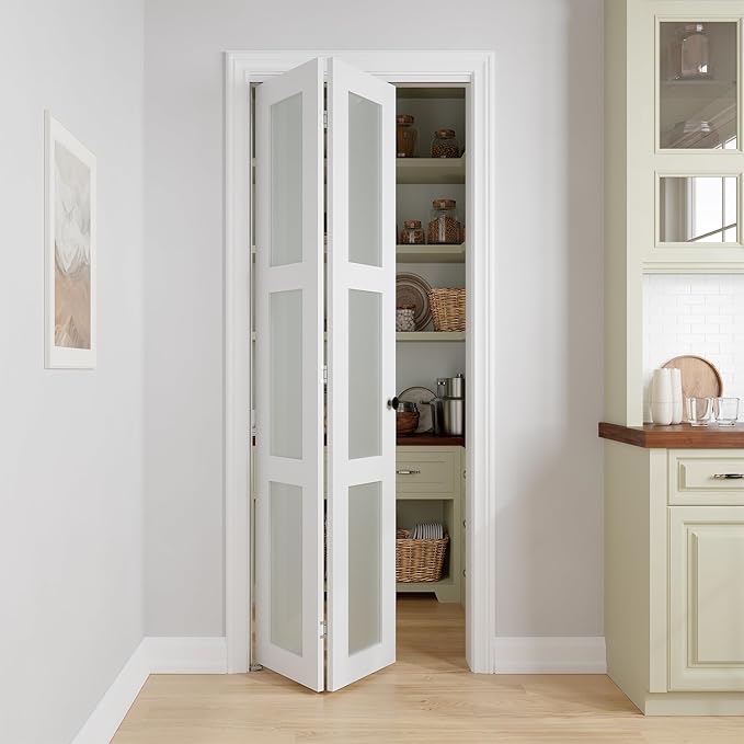 Bifold Doors for 30" x 80-3/4" Opening, 3-lite Tempered Frosted Glass Closet Folding Doors with Hardware kit Included, Easy Assembly, White